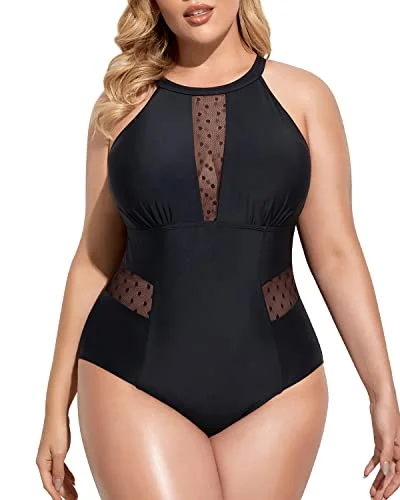 Metallic - finish bikini for a glamorous and eye - catching poolside lookPlus Size High Neck Plunge Mesh Cut Out One Piece Swimsuit for Women Metallic - finish bikini for a glamorous and eye - catching poolside lookPlus Size High Neck Plunge Mesh Cut Out One Piece Swimsuit for Women
