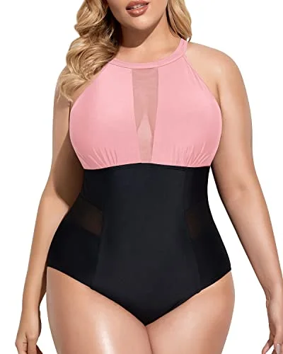 UV - protection bikini for safe sun exposure during beach daysPlus Size Mesh Plunge Swimsuit Tummy Control-Pink And Black UV - protection bikini for safe sun exposure during beach daysPlus Size Mesh Plunge Swimsuit Tummy Control-Pink And Black