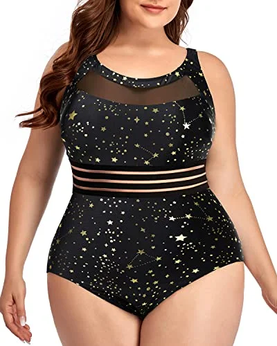 Ruched bikini with fabric gathers for a slimming effectWomen One Piece Swimsuits Plus Size Mesh High Neck Vintage Bathing Suits-Gold Stars Ruched bikini with fabric gathers for a slimming effectWomen One Piece Swimsuits Plus Size Mesh High Neck Vintage Bathing Suits-Gold Stars