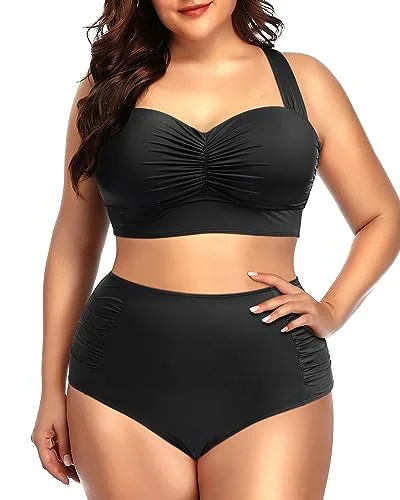 String bikini for a minimalistic and sexy beach stylePlus Size Shirred Bandeau Bikini Top & High Waist Two Piece Set String bikini for a minimalistic and sexy beach stylePlus Size Shirred Bandeau Bikini Top & High Waist Two Piece Set