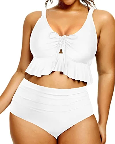 Metallic - finish bikini for a glamorous and eye - catching poolside lookTummy Control High Waisted Bikini Set Plus Size Bathing Suit-White Metallic - finish bikini for a glamorous and eye - catching poolside lookTummy Control High Waisted Bikini Set Plus Size Bathing Suit-White