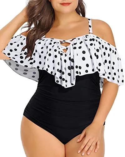 Monokini - style bikini with a unique one - piece - meets - bikini designRuched Tummy Control Women Plus Size One Piece Swimsuits-White Black Polka Dots Monokini - style bikini with a unique one - piece - meets - bikini designRuched Tummy Control Women Plus Size One Piece Swimsuits-White Black Polka Dots