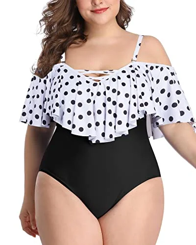 Push - up bikini top to enhance the bust for a confident beach appearanceRuffled Off-Shoulder Plus Size One Piece Swimsuits For Women-White Black Polka Dots Push - up bikini top to enhance the bust for a confident beach appearanceRuffled Off-Shoulder Plus Size One Piece Swimsuits For Women-White Black Polka Dots