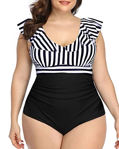 Sports bikini for high - intensity water activities like surfingTummy Control Ruffled Plus Size Bathing Suit-Black And White Stripe Sports bikini for high - intensity water activities like surfingTummy Control Ruffled Plus Size Bathing Suit-Black And White Stripe
