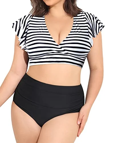 Convertible bikini that can be worn in multiple styles for versatilityRuffled Sleeve Two Piece Swimsuits Plus Size High Waisted Bikini-Black And White Stripe Convertible bikini that can be worn in multiple styles for versatilityRuffled Sleeve Two Piece Swimsuits Plus Size High Waisted Bikini-Black And White Stripe