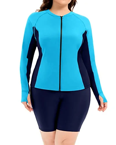 Convertible bikini that can be worn in multiple styles for versatilityPlus Size Long Sleeve Rash Guard Zipper Front For Women-Aqua Convertible bikini that can be worn in multiple styles for versatilityPlus Size Long Sleeve Rash Guard Zipper Front For Women-Aqua