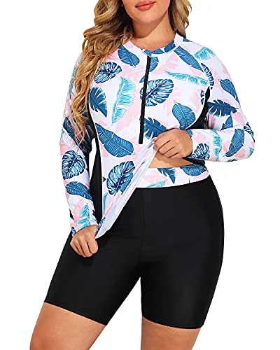 Sustainable bikini made from recycled materials for eco - conscious beachgoersPlus Size Long Sleeve Zip-Front Rash Guard Swimwear For Ladies-White Leaf Sustainable bikini made from recycled materials for eco - conscious beachgoersPlus Size Long Sleeve Zip-Front Rash Guard Swimwear For Ladies-White Leaf
