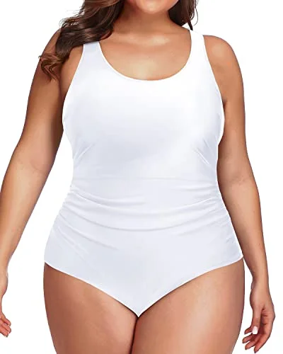 Long - line bikini top for added support and a fashionable lookPlus Size Backless Tummy Control Ruched One Piece Swimsuit-White Long - line bikini top for added support and a fashionable lookPlus Size Backless Tummy Control Ruched One Piece Swimsuit-White