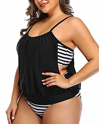 Tropical - themed bikini for a vacation - ready beach outfitWomen's Hide Problem Areas Plus Size Tankini Swimsuits-Black Stripe Tropical - themed bikini for a vacation - ready beach outfitWomen's Hide Problem Areas Plus Size Tankini Swimsuits-Black Stripe