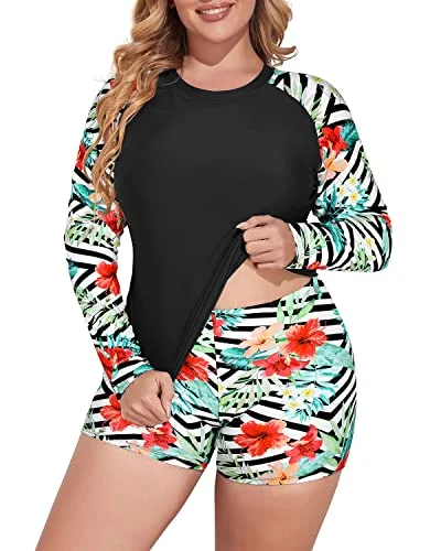 UV - protection bikini for safe sun exposure during beach daysPlus Size Long Sleeve Rash Guard Swimsuit Set Boy Short Swimwear-Black And Striped Leaves UV - protection bikini for safe sun exposure during beach daysPlus Size Long Sleeve Rash Guard Swimsuit Set Boy Short Swimwear-Black And Striped Leaves