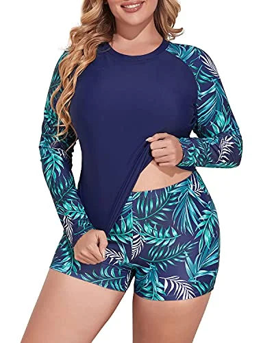 Floral - printed bikini for a feminine and colorful beach vibeWomen's Plus Size Rash Guard Tankini Boyshorts-Navy Blue Leaf Floral - printed bikini for a feminine and colorful beach vibeWomen's Plus Size Rash Guard Tankini Boyshorts-Navy Blue Leaf