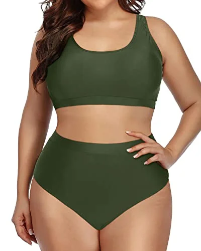 Plus - size bikini with full - coverage options for comfort and confidenceModest Sporty Bikini Swimsuit Unique Shoulder Straps For Plus Size-Army Green Plus - size bikini with full - coverage options for comfort and confidenceModest Sporty Bikini Swimsuit Unique Shoulder Straps For Plus Size-Army Green
