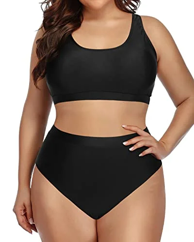 Convertible bikini that can be worn in multiple styles for versatilitySporty Scoop Neck Bikini Set High Waist Bottoms For Plus Size Women-Black Convertible bikini that can be worn in multiple styles for versatilitySporty Scoop Neck Bikini Set High Waist Bottoms For Plus Size Women-Black