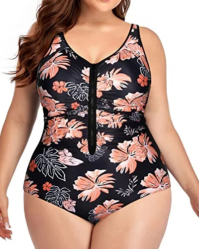 String bikini for a minimalistic and sexy beach styleAthletic Plus Size One Piece Zipper Swimsuits For Water Sports-Black Orange Floral String bikini for a minimalistic and sexy beach styleAthletic Plus Size One Piece Zipper Swimsuits For Water Sports-Black Orange Floral