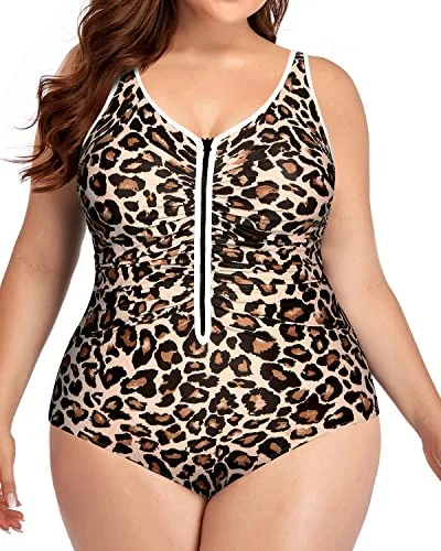 String bikini for a minimalistic and sexy beach styleNon-Removable Cup Zip Front Plus Size Monokini For Curvy Women-Leopard String bikini for a minimalistic and sexy beach styleNon-Removable Cup Zip Front Plus Size Monokini For Curvy Women-Leopard
