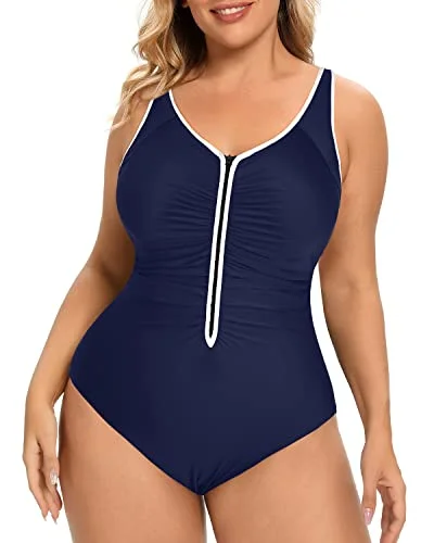 Tie - side bikini bottoms for an adjustable and stylish fitRuched Tummy Control Plus Size One Piece Zipper Swimsuits-Navy Blue Tie - side bikini bottoms for an adjustable and stylish fitRuched Tummy Control Plus Size One Piece Zipper Swimsuits-Navy Blue