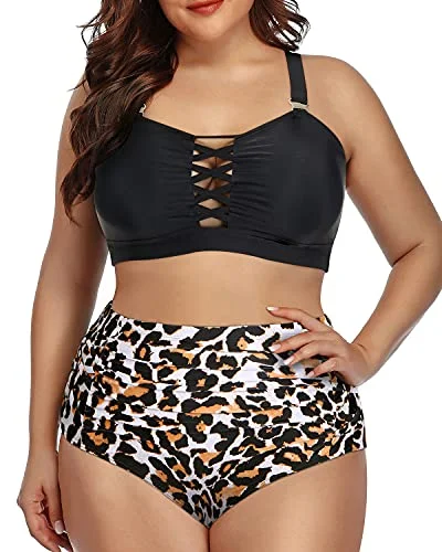 Push - up bikini top to enhance the bust for a confident beach appearanceCriss Cross High Waisted Bikini Swimsuit For Plus Size Women-Black And Leopard Push - up bikini top to enhance the bust for a confident beach appearanceCriss Cross High Waisted Bikini Swimsuit For Plus Size Women-Black And Leopard