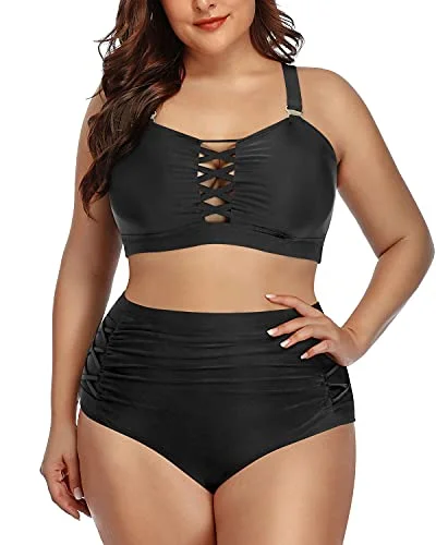 Convertible bikini that can be worn in multiple styles for versatilityRuched High Waisted Two Piece Bikini Set For Plus Size Women-Black Convertible bikini that can be worn in multiple styles for versatilityRuched High Waisted Two Piece Bikini Set For Plus Size Women-Black