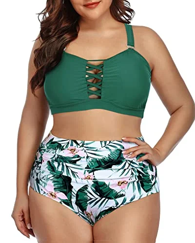 Tie - side bikini bottoms for an adjustable and stylish fitPlus Size Lace Up Bikini High Waisted Ruched Bottom-Green Tropical Floral Tie - side bikini bottoms for an adjustable and stylish fitPlus Size Lace Up Bikini High Waisted Ruched Bottom-Green Tropical Floral