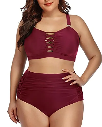 Neon - colored bikini to stand out on the beachAdjustable Criss Cross Ruched Bikini For Plus Size Ladies-Maroon Neon - colored bikini to stand out on the beachAdjustable Criss Cross Ruched Bikini For Plus Size Ladies-Maroon