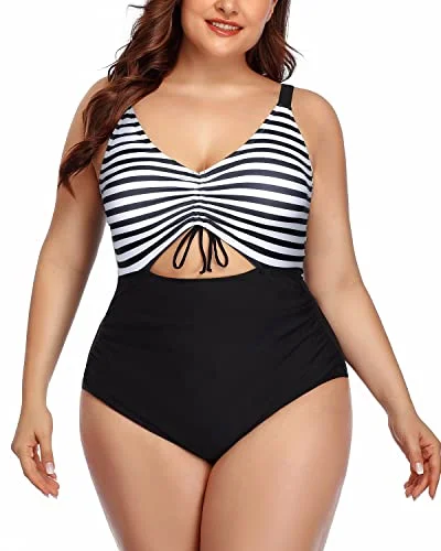 Monokini - style bikini with a unique one - piece - meets - bikini designHigh Waisted Monokini Bathing Suit For Plus Size Women-Black And White Stripe Monokini - style bikini with a unique one - piece - meets - bikini designHigh Waisted Monokini Bathing Suit For Plus Size Women-Black And White Stripe