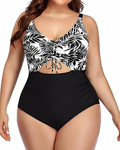 Lace - trimmed bikini for an elegant and romantic touchTummy Control Plus Size Swimsuit Ruched Bottom-Black Leaves Lace - trimmed bikini for an elegant and romantic touchTummy Control Plus Size Swimsuit Ruched Bottom-Black Leaves