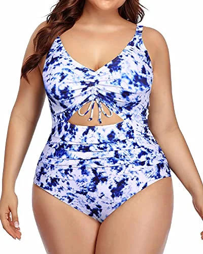Ruched bikini with fabric gathers for a slimming effectV-Neck Cutout One Piece Swimsuit For Women-Blue Tie Dye Ruched bikini with fabric gathers for a slimming effectV-Neck Cutout One Piece Swimsuit For Women-Blue Tie Dye