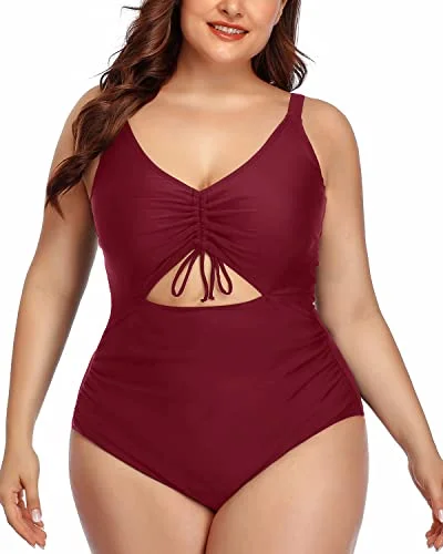 Long - line bikini top for added support and a fashionable lookFashionable Cutout Plus Size Swimsuit Drawstring-Maroon Long - line bikini top for added support and a fashionable lookFashionable Cutout Plus Size Swimsuit Drawstring-Maroon