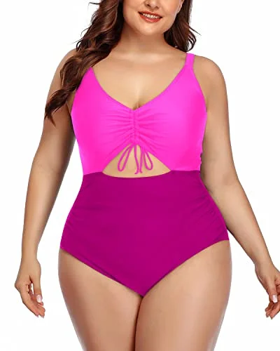 Striped bikini with a classic pattern for a timeless beach aestheticModest High-Waisted Plus Size Monokini Swimsuits-Phosphor And Dark Pink Striped bikini with a classic pattern for a timeless beach aestheticModest High-Waisted Plus Size Monokini Swimsuits-Phosphor And Dark Pink