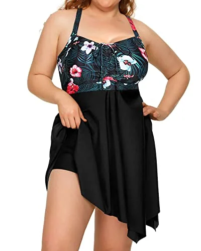 Plus - size bikini with full - coverage options for comfort and confidenceRetro Elegant Tankini Two Piece Swimdress Boyshorts For Women-Black Floral Plus - size bikini with full - coverage options for comfort and confidenceRetro Elegant Tankini Two Piece Swimdress Boyshorts For Women-Black Floral