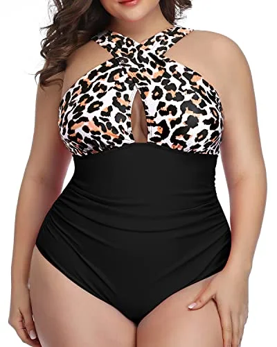 Sustainable bikini made from recycled materials for eco - conscious beachgoersHigh Waisted Front Cross Swimsuit Slimming Effect-Black And Leopard Sustainable bikini made from recycled materials for eco - conscious beachgoersHigh Waisted Front Cross Swimsuit Slimming Effect-Black And Leopard