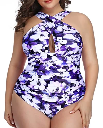 Plus - size bikini with full - coverage options for comfort and confidenceRetro Chic Front Cross Tummy Control One Piece Swimsuits-Purple Floral Plus - size bikini with full - coverage options for comfort and confidenceRetro Chic Front Cross Tummy Control One Piece Swimsuits-Purple Floral