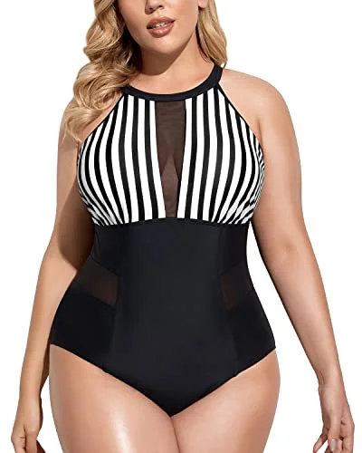 Plus - size bikini with full - coverage options for comfort and confidenceChic Cut Out High Neck Plus Size Monokini Swimwear-Black And White Stripe Plus - size bikini with full - coverage options for comfort and confidenceChic Cut Out High Neck Plus Size Monokini Swimwear-Black And White Stripe