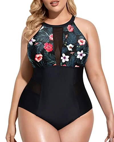Monokini - style bikini with a unique one - piece - meets - bikini designTummy Control Monokini Bathing Suits For Plus Size Women-Black Floral Monokini - style bikini with a unique one - piece - meets - bikini designTummy Control Monokini Bathing Suits For Plus Size Women-Black Floral