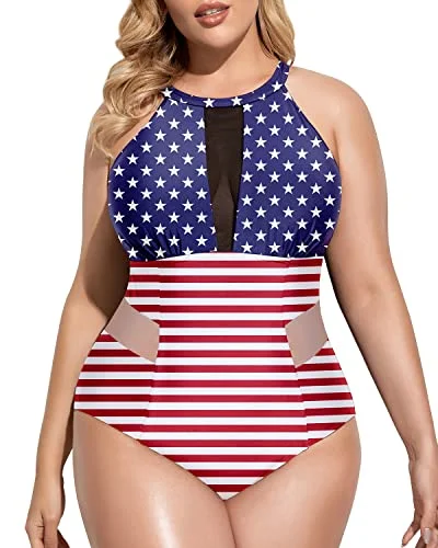 Push - up bikini top to enhance the bust for a confident beach appearanceComfortable High-Neck Monokini For Plus Size Women-National Flag Push - up bikini top to enhance the bust for a confident beach appearanceComfortable High-Neck Monokini For Plus Size Women-National Flag