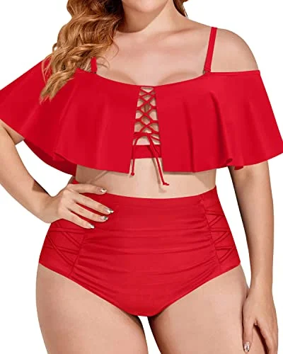 Tropical - themed bikini for a vacation - ready beach outfitFlattering Tummy Control Two Piece Bathing Suit For Plus Size Women-Red Tropical - themed bikini for a vacation - ready beach outfitFlattering Tummy Control Two Piece Bathing Suit For Plus Size Women-Red