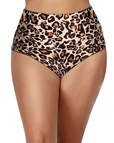 Ruched bikini with fabric gathers for a slimming effectFlattering Plus Size Bikini Bottoms Retro Swim Shorts-Leopard Ruched bikini with fabric gathers for a slimming effectFlattering Plus Size Bikini Bottoms Retro Swim Shorts-Leopard