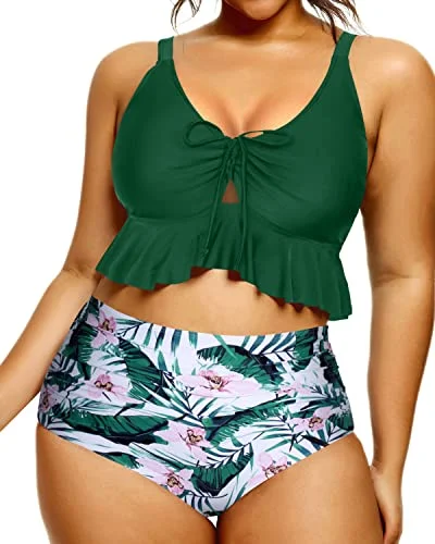 Tie - side bikini bottoms for an adjustable and stylish fitAdjustable Drawstring Two Piece Bikini For Curvy Women-Green Tropical Floral Tie - side bikini bottoms for an adjustable and stylish fitAdjustable Drawstring Two Piece Bikini For Curvy Women-Green Tropical Floral