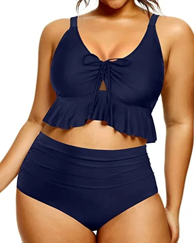 Monokini - style bikini with a unique one - piece - meets - bikini designTwo Piece Retro Plus Size Flounce High Waisted Bikini Set-Navy Blue Monokini - style bikini with a unique one - piece - meets - bikini designTwo Piece Retro Plus Size Flounce High Waisted Bikini Set-Navy Blue