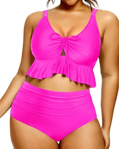 High - performance bikini with quick - drying fabric for active swimmersRuffle Flounce High Waisted Bikini Set For Curvy Women-Neon Pink High - performance bikini with quick - drying fabric for active swimmersRuffle Flounce High Waisted Bikini Set For Curvy Women-Neon Pink