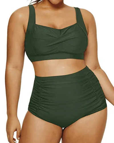 Long - line bikini top for added support and a fashionable lookCute Vintage Style Two Piece Swimsuit Twisted Front Bikini-Army Green Long - line bikini top for added support and a fashionable lookCute Vintage Style Two Piece Swimsuit Twisted Front Bikini-Army Green