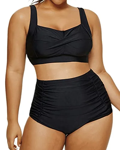Ruched bikini with fabric gathers for a slimming effectPlus Size Twist Front Bikini Set Tummy Control High Waisted Bottoms-Black Ruched bikini with fabric gathers for a slimming effectPlus Size Twist Front Bikini Set Tummy Control High Waisted Bottoms-Black