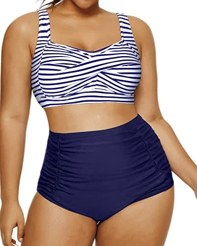 Sustainable bikini made from recycled materials for eco - conscious beachgoersSweetheart Neckline Twist Front Bikini Set For Women-Blue White Stripe Sustainable bikini made from recycled materials for eco - conscious beachgoersSweetheart Neckline Twist Front Bikini Set For Women-Blue White Stripe