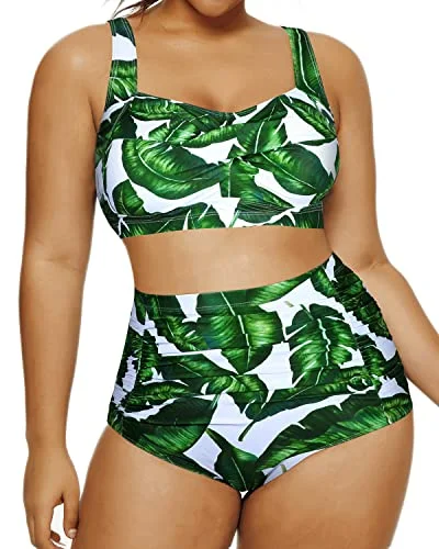 Striped bikini with a classic pattern for a timeless beach aestheticTwo Piece Retro High Waisted Swimsuit Ruched Bottom-Green Leaf Striped bikini with a classic pattern for a timeless beach aestheticTwo Piece Retro High Waisted Swimsuit Ruched Bottom-Green Leaf