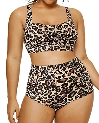 Metallic - finish bikini for a glamorous and eye - catching poolside lookPlus Size Retro Bikini Open Back Two Piece Swimsuit For Curvy Women-Leopard Metallic - finish bikini for a glamorous and eye - catching poolside lookPlus Size Retro Bikini Open Back Two Piece Swimsuit For Curvy Women-Leopard