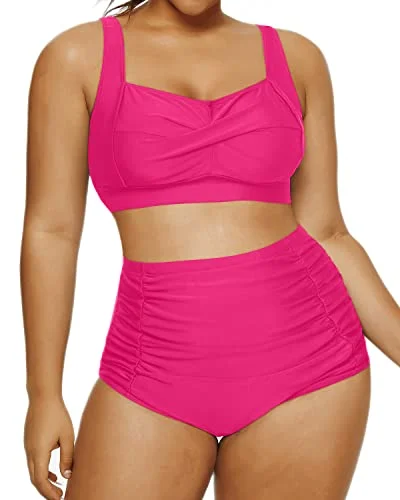 Neon - colored bikini to stand out on the beachRetro Two Piece Swimsuit Ruched Bottoms Twisted Front Bikini-Neon Pink Neon - colored bikini to stand out on the beachRetro Two Piece Swimsuit Ruched Bottoms Twisted Front Bikini-Neon Pink