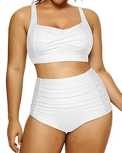 UV - protection bikini for safe sun exposure during beach daysPlus Size High Waisted Bikini Adjustable Straps For Curvy Women-White UV - protection bikini for safe sun exposure during beach daysPlus Size High Waisted Bikini Adjustable Straps For Curvy Women-White