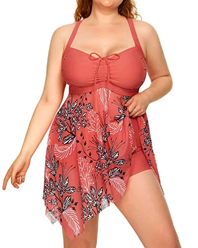 Lace - trimmed bikini for an elegant and romantic touchFlowy Mesh Tankini Plus Size Swimdress Boyshorts-Pink Flower Lace - trimmed bikini for an elegant and romantic touchFlowy Mesh Tankini Plus Size Swimdress Boyshorts-Pink Flower