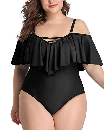 Lace - trimmed bikini for an elegant and romantic touchAdjustable Strap Plus Size Flounce Bathing Suits For Curvy Women-Black Lace - trimmed bikini for an elegant and romantic touchAdjustable Strap Plus Size Flounce Bathing Suits For Curvy Women-Black