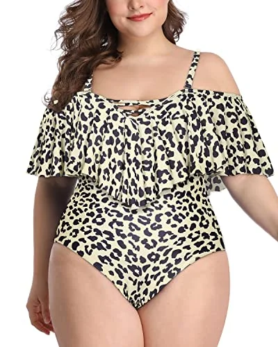 Lace - trimmed bikini for an elegant and romantic touchVersatile Lace-Up Cold Shoulder Plus Size Swimsuits-Leopard Lace - trimmed bikini for an elegant and romantic touchVersatile Lace-Up Cold Shoulder Plus Size Swimsuits-Leopard